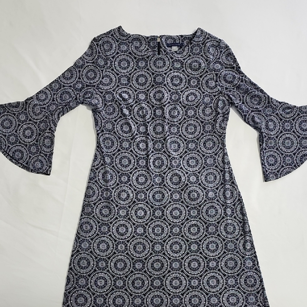 Tommy Hilfiger Navy and White Circular Pattern Long Sleeve Dress